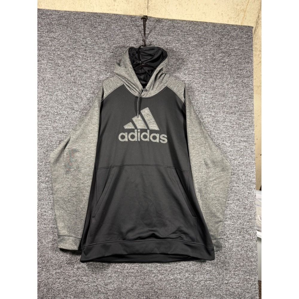 Adidas Mens Climawarm Hoodie Black Gray Colorblock Embroidered Logo Pullover XL
